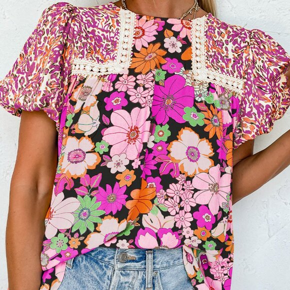🌹 Rose Red Bubble Sleeve Lace Trim Floral Mixed Print Blouse - Picture 1 of 14